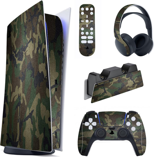 Army Green Camouflage Full Set Skin Decal for Ps5 Console Digital Edition, Sticker Vinyl Decal Cover for Ps5 Controller & Charging Station & Headset & Media Remote
